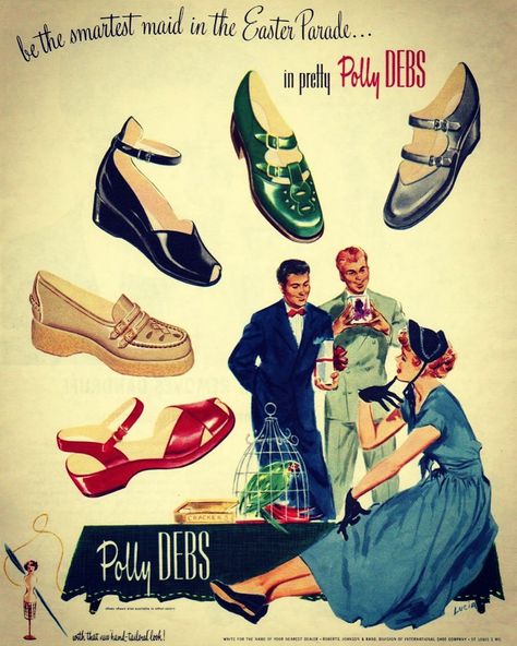 Shoe Prints, 1940s Clothing, 1940 Fashion, Vintage Easter Baskets, Fifties Dress, Fashion Advertisement, Vintage Catalog, 1940s Shoes, 1940's Style