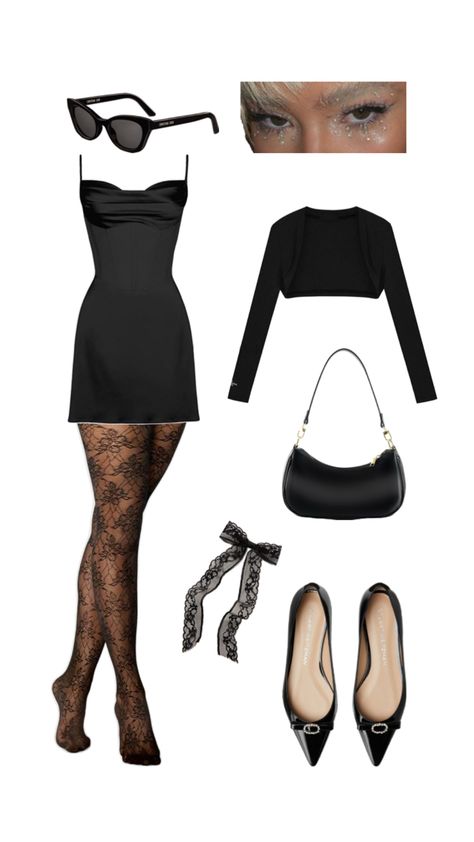 Black cropped cardigan Little black dress Lace tights Black pointed toe flats Black purse outfit Black Lace Tights Outfit, Patterned Tights Outfit, Black Purse Outfit, Lace Tights Outfit, Little Black Dress Lace, Lacy Black Dress, Black Dress Lace, Black Cropped Cardigan, Black Pointed Toe Flats