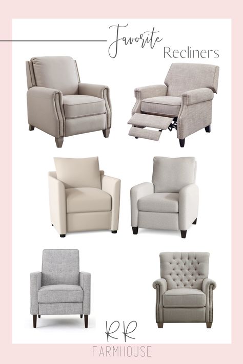 Farmhouse Sitting Area Chairs, Modern Farmhouse Living Room Chairs, Fabric Recliners In Living Room, Modern Recliner Chairs Living Room, Reclining Chairs In Living Room, Modern Recliners In Living Room, Recliners In Living Room Decor, Pretty Recliners, Relaxing Chairs Living Room