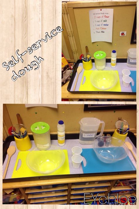 Self-service dough area. Make your own dough, following the recipe. EYchloe Playdough Eyfs, Dough Disco, Playdough Area, Playdough Station, Messy Play Activities, Cooking With Toddlers, Play Stations, Kids Role Play, Curiosity Approach