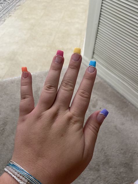 French Tip Multi Color, White Nails With Color, French Tip Colorful, Color French Tip, Colored French Tips, French Top, Extension Designs, Nail Extensions, Nails Inspo