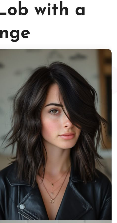 Long Lobs Dark Hair, Dark Midlength Hairstyles, Dark Collarbone Length Hair, Dark Collar Bone Length Hair, Jet Black Hair Mid Length, Medium Length Haircut Middle Part, Dark Brown Mid Length Hair, Dark Hair Lob, Low Maintenance Brunette Hair Color