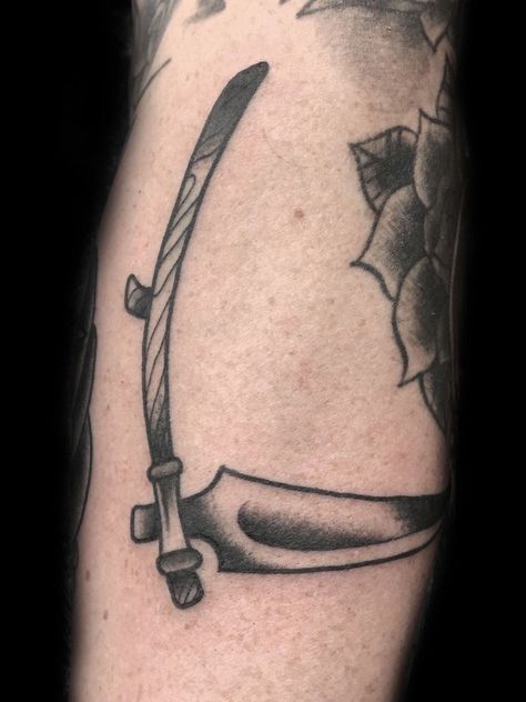 Scythe. #scythe #scythetattoo #grimreaper #reaper #reaperscythe #blacktattoo… Grim Reaper Scythe Tattoo, Traditional Scythe Tattoo, Scythe Tattoo Design, Sickle Tattoo, Scythe Art, Scythe Tattoo, Fake Skin Tattoo, Traditional Black Tattoo, Grim Reaper Tattoo