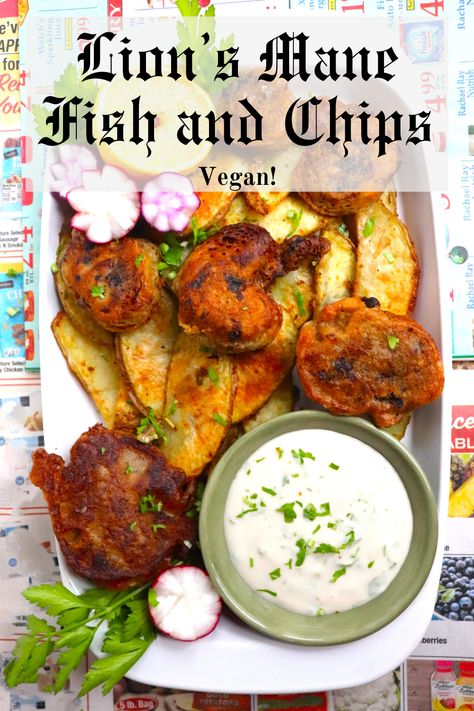 Lion’s Mane Vegetarian Fish and Chips - Very Vegan Val Vegetarian Fish And Chips, Lion Mane Recipes, Lions Mane Recipes, Vegetarian Fish, Vegan Fish And Chips, Seasoned Potato Wedges, Chicken Of The Woods, Mushroom Varieties, Seasoned Potatoes