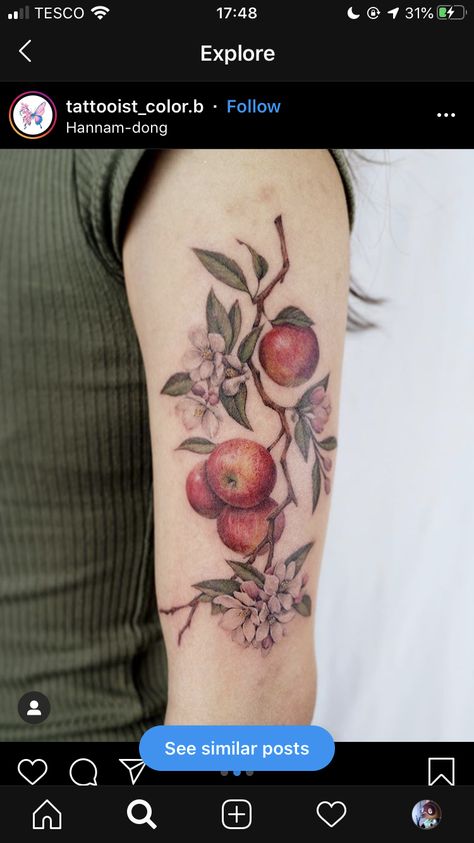 Realistic Apple Tattoo, Crab Apple Tattoo, Apple Branch Tattoo, Pie Tattoo, Tree Branch Tattoo, Botanical Tattoos, Apple Tattoo, Flower Tat, Fern Tattoo