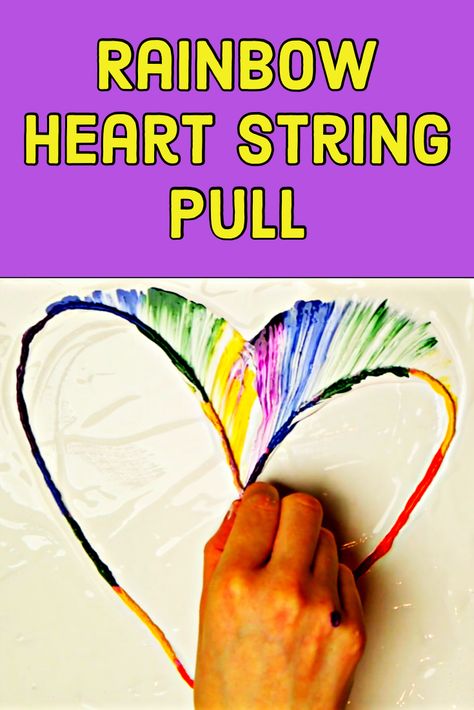 Painting With Yarn On Canvas, Painting Rainbows On Canvas, Canvas Heart Painting, String Painting For Kids, Painting With Beads, Pulled String Art, String Pulling Acrylic Painting, String Painting Pulled Diy, String Art For Kids