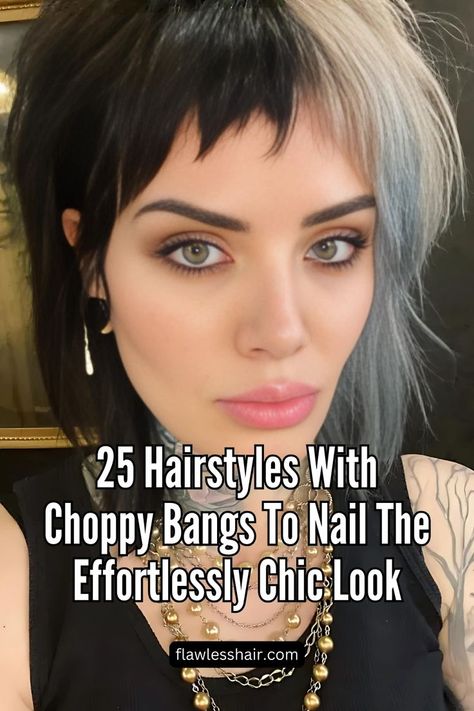 Split Color Choppy Bangs Uneven Bangs, Edgy Bangs, Rock And Roll Hair, Choppy Fringe, Choppy Bob With Bangs, Cute Bangs, Split Dyed Hair, Messy Bob Hairstyles, Choppy Bangs