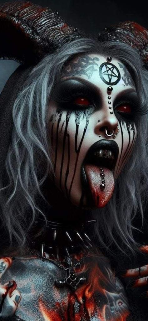 Demon Makeup Female, Krampus Makeup, Halloween Customs, Demon Makeup, Goth Eye Makeup, Evil Tattoos, Eye Makeup, Tattoos, Halloween