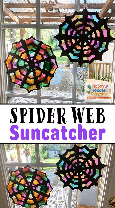 Easy School Halloween Crafts, School Fall Party Craft Ideas, Toddler Craft Halloween, Halloween Decor Crafts For Kids, Halloween Craft Elementary Kids, Big Kid Halloween Crafts, Halloween Kid Projects, Fun Kid Crafts Easy, Spiderweb Suncatcher Craft