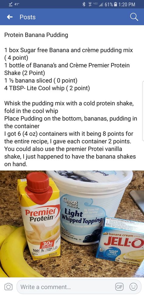 Banana Pudding Protein Shake Recipe, Banana Protein Pudding Recipe, Bariatric Banana Pudding, Premier Protein Banana Cream Recipes, Banana Premier Protein Shake Recipes, Ww Premier Protein Recipes, Ww Banana Pudding, Weight Watchers Banana Pudding, Bariatric Recipes Desserts