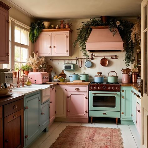 This kitchen is like stepping into a pastel dream. The soft pink and mint green cabinets paired with those copper accents give off such a charming farmhouse vibe. It’s cozy but in the prettiest way possible. The vintage-style appliances just make me want to bake something sweet, and the dried florals add that perfect natural touch. It’s such a well-balanced space — feminine without feeling too frilly, and modern but with plenty of nostalgic charm. This is the kind of kitchen where you could... Cute Green Kitchen, Mint And Pink Kitchen, Pastel Kitchen Design, Mint Green Cabinets, Pink And Green Kitchen, Kitchen Theme Ideas, Kitchen Vibes, Whimsical Kitchen, Bake Something