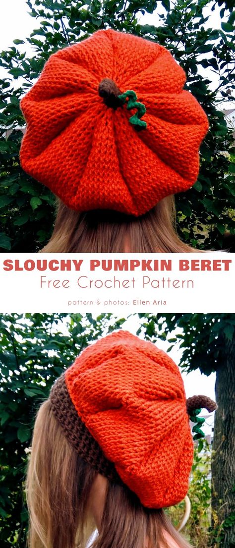 Slouchy Pumpkin Beret, Autumn Crochet Amigurumi, Pink Chunky Yarn Crochet Ideas, Halloween Beanie Crochet Pattern, Crochet Slouchy Beret, Crochet Toilet Lid Cover Free Pattern, Pumpkin Beret Crochet Pattern Free, Pumpkin Beret Crochet Pattern, Halloween Crochet Patterns Clothes