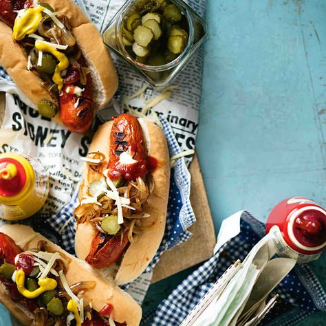 Kransky Dogs With Sautéed Onion And Swiss Cheese Swiss Cheese Recipes, Woolworths Food, Gourmet Hot Dogs, Dog Bread, Buffet Food, Swiss Cheese, Food Magazine, Sausage Recipes, Sausages