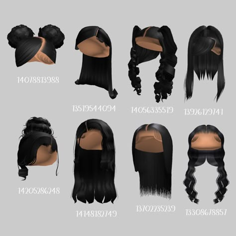 Black Hair Id Roblox, Blocksburg Outfit Codes￼, Hair Roblox, Hair Codes, Y2k Hair, Black Hair Roblox, Bratz Inspired Outfits, Aesthetic Roblox Royale High Outfits, Baddie Outfits Ideas