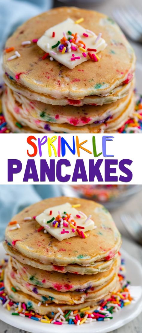 Sprinkle Pancakes are our families favorite pancake recipe! This easy homemade pancake recipe is filled with sprinkles and the kids love them without syrup! Kid Pancakes, Pancakes Kids, Pancake Ideas For Kids, Pancakes For Kids, Unicorn Pancakes For Kids, Fairy Pancakes, Fun Pancake Recipes, Fun Pancakes For Kids, Birthday Pancakes For Kids