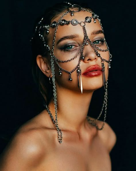 Sequin Veil, Face Chains, Vamp Aesthetic, Face Chain, Festival Jewellery, Burning Men, Wire Beading, Chain Headpiece, Steampunk Mask