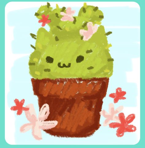 Cactus Cat Drawing, Cactus Drawing Cute, Cute Plant Drawings, Cactus Drawing Simple, Plant Icons, Cactus Aesthetic, Plant Doodles, Cat Cactus, Cactus Doodle