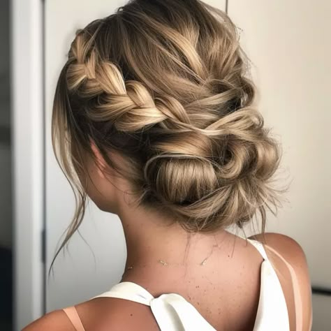 Boho Braided Updo Wedding Updo Braid Bun, Updos For Long Hair Braid, Medium Length Braided Updo, Low Updo Wedding Hair Braid, Summer Wedding Updos, Formal Hairstyles For Fine Hair, Wedding Guest Updo With Braid, Hair Styles Plaits, Low Bun Hairstyles Wedding Bridesmaid Braided Updo