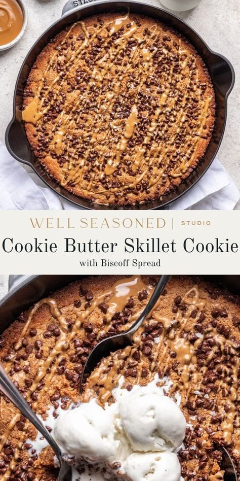 This Cookie Butter Skillet Cookie is a delicious and easy dessert for a crowd! Our homemade cookie dough is baked in a cast-iron skillet, then drizzled with melted cookie butter and lots of fresh chocolate. The edges are crisp, but the center is thick and chewy. Best eaten straight out of the pan! #wellseasonedstudio #cookiebutter #skilletcookie #chocolatechipcookie Skillet Cookie For One, Easy Dessert For A Crowd, Cast Iron Skillet Cookie, Dessert For A Crowd, Skillet Cookie Recipe, Skillet Cookies, Homemade Cookie Dough, Giant Chocolate Chip Cookie, Homemade Cookie