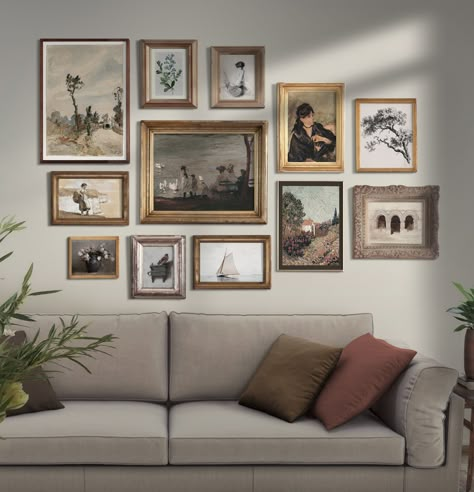 Picture Wall Ideas Aesthetic Vintage, Mismatched Gallery Wall Living Room, Mixed Color Frames Gallery Wall, Wall Art Classical, Gallery Wall With Vintage Art, Picture Wall Ideas Above Couch, Mixed Art Gallery Wall, Antique Painting Gallery Wall, Gallery Wall Antique And Modern