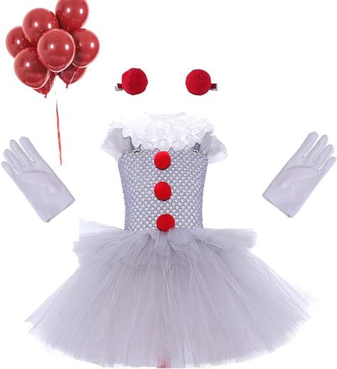 Amazon.com: Girls Halloween Clown Tutu Dress Costume, IT Clown Cosplay with Red Balloons for Toddler Kids (Medium-3-4Y) : Clothing, Shoes & Jewelry Pennywise Girl Costume, Brother Costumes, Clown Cosplay, It Clown, Tutu Dress Costumes, Clown Clothes, Clown Shoes, Halloween Clown, Clown Costume