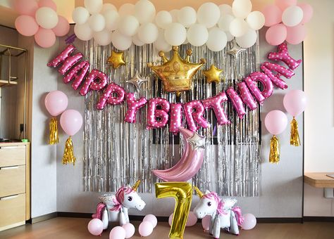 Birthday Party 7th Girl, Birthday Theme For 7 Year Girl, 7 Year Birthday Party Ideas, 7 Year Birthday Party Ideas Girl, Unicorn Birthday Theme, Unicorn Birthday Decorations, 7th Birthday Party Ideas, Princess Theme Birthday, Princess Theme Birthday Party