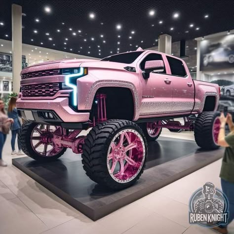 Pink Trucks, Girly Pickup Truck, Big Trucks Lifted, Black Truck With Pink, Pink And Black Truck, Pink Benz Truck, Dream Trucks, Pink Lifted Trucks, Pink Chevy Trucks