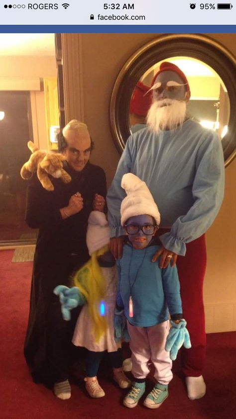 Smurf family costume including gargamel Smurf Family Costume, Smurf And Gargamel Costume, Papa Smurf Halloween Costume, Funny Family Costumes For 3, Papa Smurf Costume, Gargamel Costume, Smurf Halloween Costume, Smurfs Halloween Costume, Baby Belle Costume