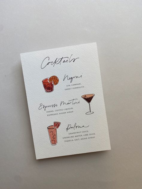 A small A5 sign on white card reading “cocktails” in scribbly hand drawn lettering. There is a negroni, an espresso martini and a paloma, each with a colourful illustration and matching scrawly writing Order Of Ceremony, Romantic Wedding Stationery, Watercolor Menu, Calligraphy Illustration, Cocktail Sign, Menue Design, Bespoke Invitations, Bespoke Wedding Invitations, Bespoke Wedding Stationery