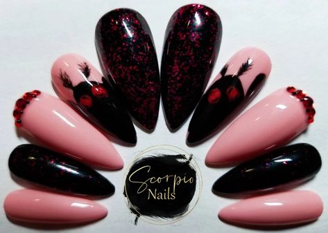 Man Nail Art, Middle Nails, Unusual Nails, Man Nails, Ring Nails, Moth Man, Glowing Red Eyes, Witchy Nails, Almond Acrylic Nails