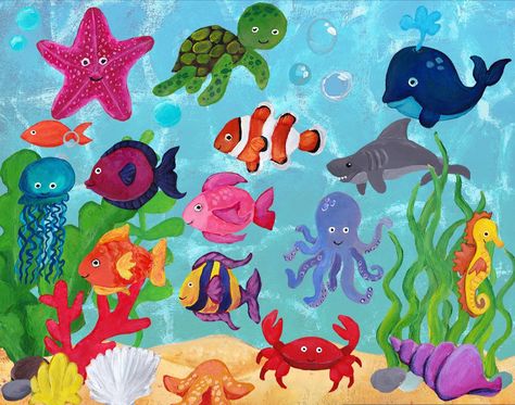 Sea Life Clipart, Ocean Commotion, Goldfish Aquarium, Image Of Fish, Sea Life Animals, Shell Painting, Ocean Themed Nursery, Background Designs, Birthday Plate