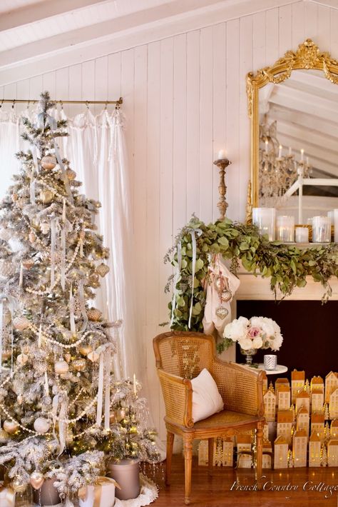 French Country Christmas Mantel - French Country Cottage Caitlin Wilson Christmas, Frosted Tree Decor, French Farmhouse Christmas Decor, French Blue Christmas Tree, French Country Christmas Decor Ideas, French Country Christmas Tree, Cottage Christmas Tree, French Christmas Tree, Bedroom Christmas Tree