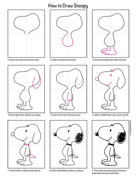 Snoopy Drawing Easy, How To Draw Snoopy, Draw Snoopy, Snoopy Coloring Pages, Snoopy Drawing, Kids Art Galleries, Doodle Characters, Cartoon Character Tattoos, Art Painting Tools