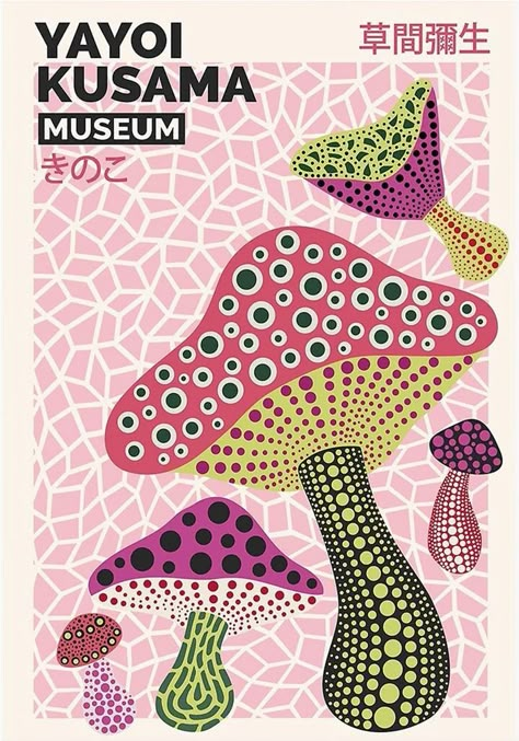 Yayoi Kusama Mushroom, Poster Mushroom, Traditional Japanese Painting, Yayoi Kusama Art, Yayoi Kusama Poster, Simple Journal, Mushroom Poster, October Pink, Pop Art Abstract