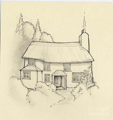 Cottage Drawing Simple, Cottage House Drawing, Cottage Drawing, Pencil Drawing Pictures, House Sketch, Cool Pencil Drawings, Perspective Art, Cottage House, House Drawing