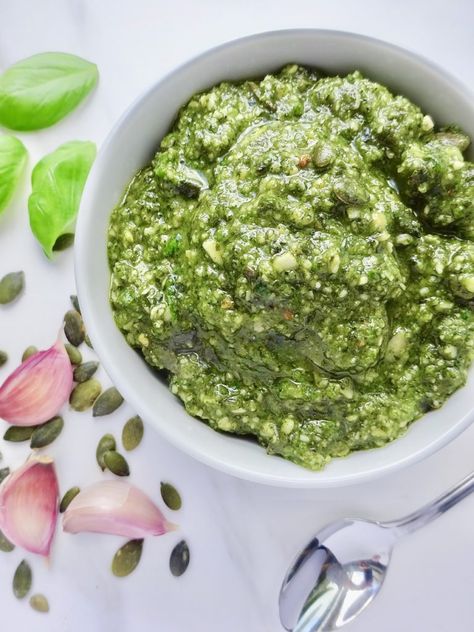 Dairy-free basil and pumpkin seed pesto – Throughthefibrofog Pumpkin Seed Pesto Recipe, Pumpkin Pesto Recipe, Low Histamine Pasta, Low Histamine Protein, Low Histamine Recipes, Keto Apps, Pumpkin Seed Pesto, Ovulatory Phase, Vegetarian Pesto