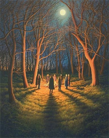 Sarah Vivian - The Circle……..DON'T KNOW WHY THEY ARE GATHERED HERE --- BUT, HAVE A HUNCH THEY'RE UP TO NO GOOD………..ccp Pagan Paintings, Pagan Art Drawings, Cornwall Painting, Fire In The Woods, Symbolic Paintings, Fire Circle, Magic Land, Spiritual Paintings, Moonlight Painting