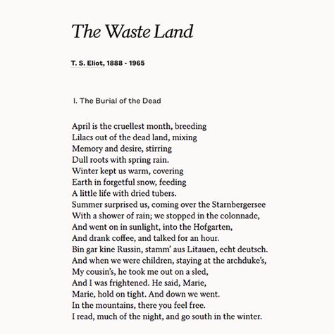 The Waste Land TS Elliot T S Eliot The Waste Land, Ts Elliot The Waste Land, Tell Me Three Things Book Quotes, Ts Elliot Quotes, The Waste Land Eliot, Ts Eliot Poems, Ts Elliot, T S Elliot, The Waste Land