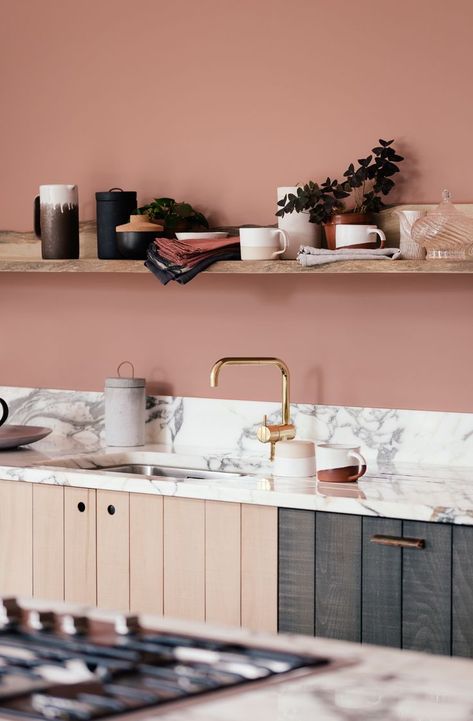 This beautiful terracotta wall works so perfectly with our Sebastian Cox cupboards and handmade deVOL Kitchenware Pink Kitchen Walls, Modern Kitchen Apartment, Top Kitchen Trends, Decoration Mirror, Devol Kitchens, Kitchen Concepts, Kitchen Marble, Kitchen Trends, Kitchen Tops