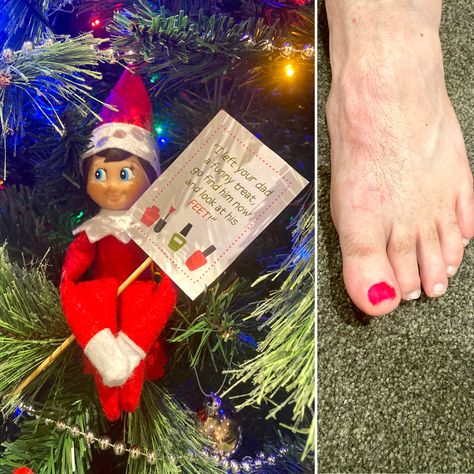 Elf Painting Dads Toenails, Elf On The Shelf Painting Dads Nails, Awesome Elf On The Shelf Ideas, Elf Fun, Elf Ideas, Elf Christmas, Mirror Painting, Finger Painting, Shelf Ideas