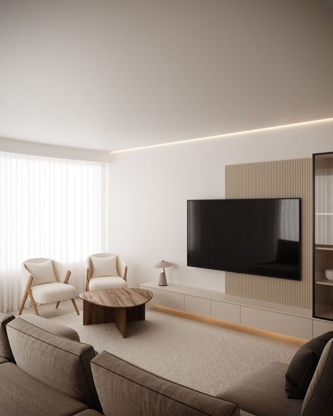 Modern and elegant living room with a minimalistic design. A large flat-screen TV is mounted on the wall, which features a textured panel behind it, adding depth to the space. Tv Panel, Elegant Living Room, Elegant Living, Minimalistic Design, The Space, Design Inspo, The Wall, Minimalist Design, Flat Screen