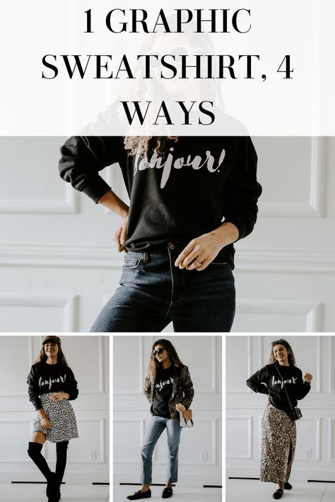 These graphic sweatshirt outfits are cute, easy to copy, and will look great whether you're running errands or going to lunch with friends! 1 graphic sweatshirt worn 4 ways will give you plenty of new outfit ideas. Dress Up Crew Neck Sweatshirt, How To Wear A Crewneck Sweatshirt, Dress Up Sweatshirt Outfit, How To Style A Graphic Sweatshirt, Sweatshirt Styling Ideas, Black Sweatshirt Outfit Women, How To Wear A Sweatshirt, How To Style A Crew Neck Sweatshirt, How To Dress Up A Sweatshirt