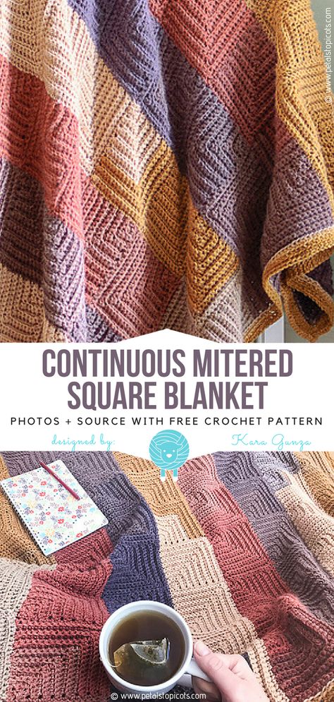 Continuous Mitered Square Blanket Free Crochet Pattern | Wool Pattern Mitered Square Blanket, Crochet Borders For Blankets, Granny Square Häkelanleitung, Small Patterns, Mitered Square, Knit Blankets, Crocheted Blanket, Crochet For Beginners Blanket, Crochet Blanket Afghan