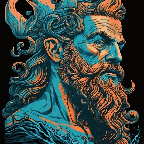 Posiden Art, Poseidon Art Illustrations, Greek God Illustration, Poseidon Illustration, Poseidon Art, Greek God Poseidon, God Drawings, Jeans Art, Tshirt Printing Design