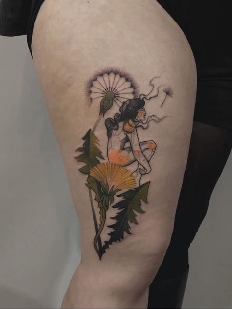 Tattoo uploaded by Tattoodo | Fairy tattoo by Michalina Bolach #MichalinaBolach #fairytattoo #fairytattoos #fairy #wings #magic #folklore #fairytale #color #flower #floral #leaves #dandelion #illustrative #leg | 1143987 | Tattoodo Birthday Tattoo, Dandelion Tattoo, Draw The Squad, Fairy Tattoo, Floral Leaves, Body Is A Temple, Book Tattoo, Color Flower, Fairy Wings