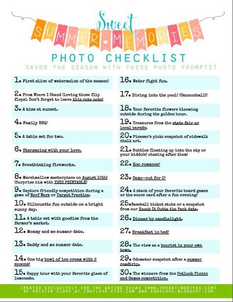 Summer Photo Bucket List! Date Ideas Romantic, Creative Date Ideas, Photo Checklist, Photography Bucket List, Photography Tips And Tricks, Photo A Day Challenge, Photo Prompts, The Dating Divas, Memories Photography