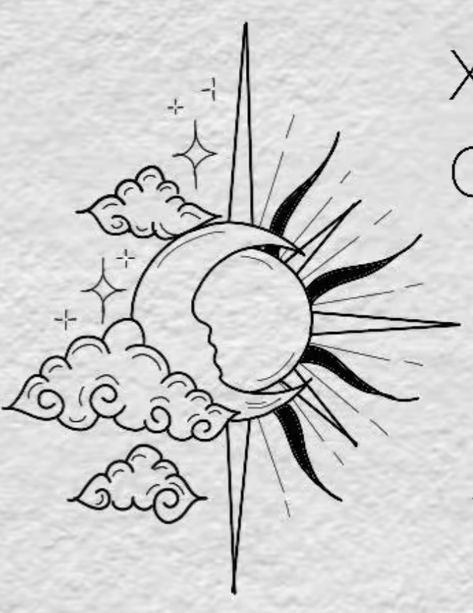 Ccto :Bilge Coruh Sun And Moon With Clouds Tattoo, Drawing Ideas Sun And Moon, Sun Flash Tattoo, Sonne Mond Tattoo, Moon And Clouds Tattoo, Clouds And Stars Tattoo, Sharon Taylor, Cloud Tattoo Design, Tattoo Sonne