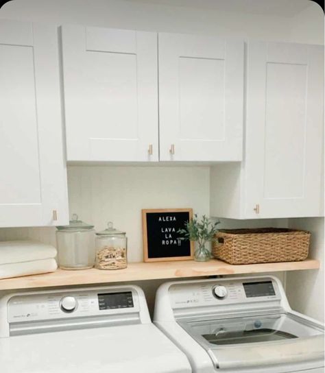 Garage Laundry Ideas, Laundry Room Shelf Over Washer And Dryer, Above Washer And Dryer Storage, Laundry Detergent Storage Ideas, Cabinets Over Washer And Dryer, Laundry Room With Top Loader Ideas, Cabinets Above Washer And Dryer, Top Loader Laundry Room Small Spaces, Laundry Room Cabinets And Shelves