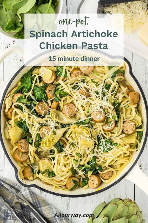 One pot chicken spaghetti made with spinach and artichoke hearts. Dinner With Artichoke Hearts, Soup With Artichoke Hearts, Artichoke Hearts Recipe, Chicken Artichoke Pasta, Artichoke Heart Recipes, Spinach Artichoke Pasta, Sausage Pasta Bake, Chicken Sausage Pasta, Flexitarian Recipes