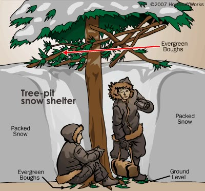 Tree pit snow shelter Survival Skills Life Hacks, Survival Hacks, Survival Ideas, Survival Shelter, Survival Life Hacks, Bushcraft Camping, Survival Stuff, Survival Techniques, Zombie Survival